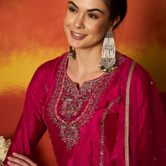 Stylum Women's Pink Solid & Embroidered Silk Blend Straight Kurti Palazzo With Dupatta (KPDPINKRAKUL)