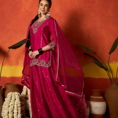 Stylum Women's Pink Solid & Embroidered Silk Blend Straight Kurti Palazzo With Dupatta (KPDPINKRAKUL)