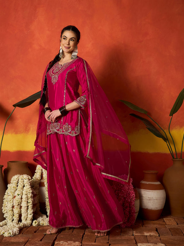 Stylum Women's Pink Solid & Embroidered Silk Blend Straight Kurti Palazzo With Dupatta (KPDPINKRAKUL)