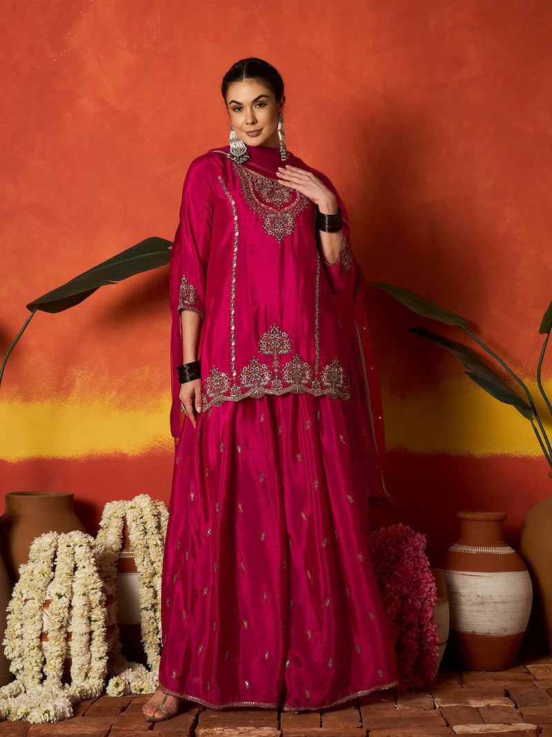 Stylum Women's Pink Solid & Embroidered Silk Blend Straight Kurti Palazzo With Dupatta (KPDPINKRAKUL)