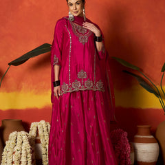 Stylum Women's Pink Solid & Embroidered Silk Blend Straight Kurti Palazzo With Dupatta (KPDPINKRAKUL)