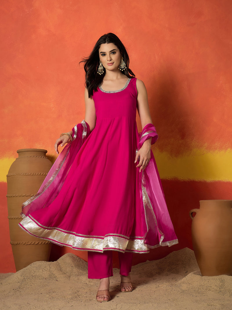 Stylum Women's Pink Solid Rayon Anarkali Kurta Pant Dupatta Set (KPDPINKREVOLT)
