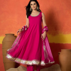 Stylum Women's Pink Solid Rayon Anarkali Kurta Pant Dupatta Set (KPDPINKREVOLT)