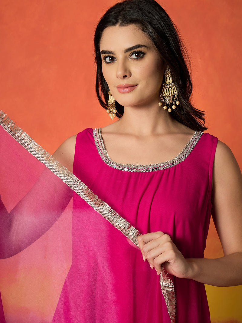 Stylum Women's Pink Solid Rayon Anarkali Kurta Pant Dupatta Set (KPDPINKREVOLT)