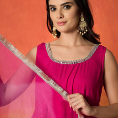 Stylum Women's Pink Solid Rayon Anarkali Kurta Pant Dupatta Set (KPDPINKREVOLT)