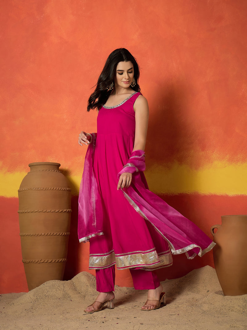 Stylum Women's Pink Solid Rayon Anarkali Kurta Pant Dupatta Set (KPDPINKREVOLT)