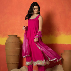 Stylum Women's Pink Solid Rayon Anarkali Kurta Pant Dupatta Set (KPDPINKREVOLT)