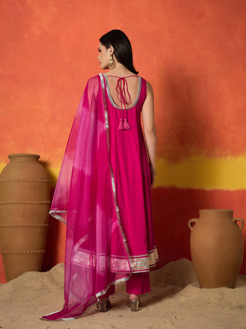 Stylum Women's Pink Solid Rayon Anarkali Kurta Pant Dupatta Set (KPDPINKREVOLT)