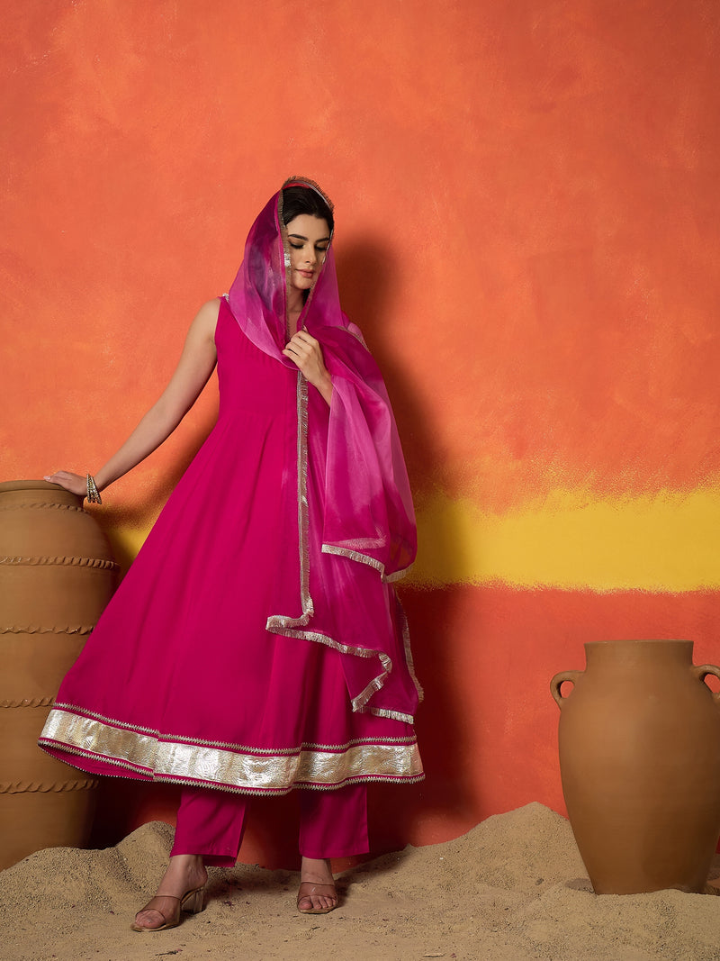 Stylum Women's Pink Solid Rayon Anarkali Kurta Pant Dupatta Set (KPDPINKREVOLT)