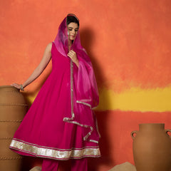 Stylum Women's Pink Solid Rayon Anarkali Kurta Pant Dupatta Set (KPDPINKREVOLT)