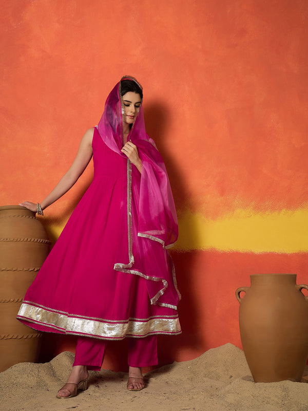 Stylum Women's Pink Solid Rayon Anarkali Kurta Pant Dupatta Set (KPDPINKREVOLT)