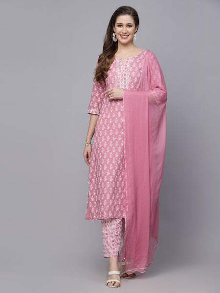 Stylum Women's Floral Printed Rayon Straight Kurta Pant Dupatta Set (KPDPINKSEAL)