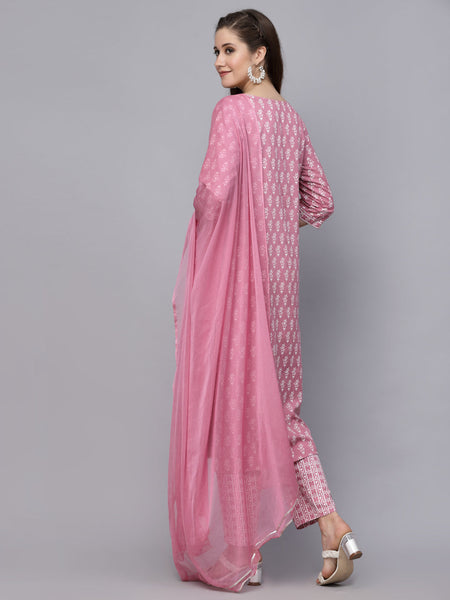 Stylum Women's Floral Printed Rayon Straight Kurta Pant Dupatta Set (KPDPINKSEAL)