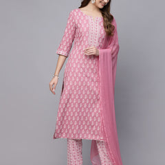 Stylum Women's Floral Printed Rayon Straight Kurta Pant Dupatta Set (KPDPINKSEAL)