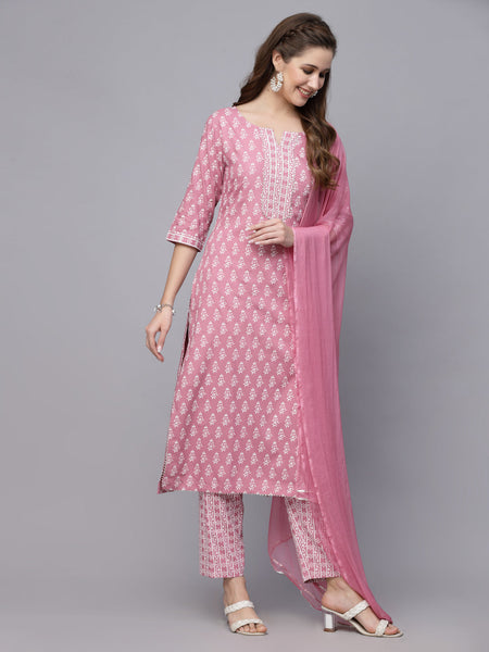 Stylum Women's Floral Printed Rayon Straight Kurta Pant Dupatta Set (KPDPINKSEAL)