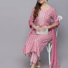 Stylum Women's Floral Printed Rayon Straight Kurta Pant Dupatta Set (KPDPINKSEAL)