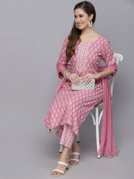 Stylum Women's Floral Printed Rayon Straight Kurta Pant Dupatta Set (KPDPINKSEAL)