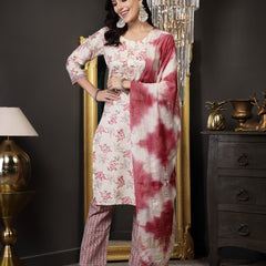 Stylum Women's Pink Tropical Printed Cotton Blend Straight Kurta Pant Dupatta Set (KPDPINKSOMI)