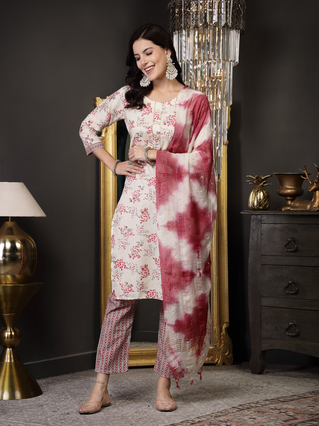 Stylum Women's Pink Tropical Printed Cotton Blend Straight Kurta Pant Dupatta Set (KPDPINKSOMI)