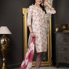 Stylum Women's Pink Tropical Printed Cotton Blend Straight Kurta Pant Dupatta Set (KPDPINKSOMI)