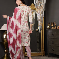 Stylum Women's Pink Tropical Printed Cotton Blend Straight Kurta Pant Dupatta Set (KPDPINKSOMI)