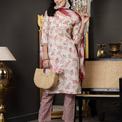 Stylum Women's Pink Tropical Printed Cotton Blend Straight Kurta Pant Dupatta Set (KPDPINKSOMI)