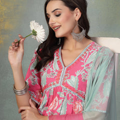 Stylum Women's Pink Floral Printed & Embroidered Rayon Alia Cut Kurta Pant Dupatta Set (KPDPINKTACO)