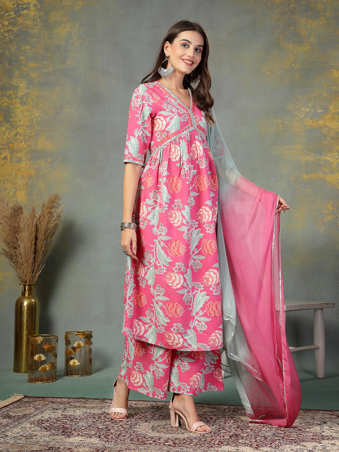 Stylum Women's Pink Floral Printed & Embroidered Rayon Alia Cut Kurta Pant Dupatta Set (KPDPINKTACO)