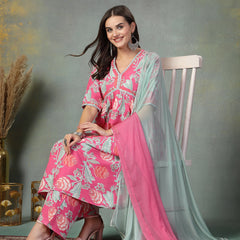 Stylum Women's Pink Floral Printed & Embroidered Rayon Alia Cut Kurta Pant Dupatta Set (KPDPINKTACO)