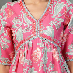 Stylum Women's Pink Floral Printed & Embroidered Rayon Alia Cut Kurta Pant Dupatta Set (KPDPINKTACO)