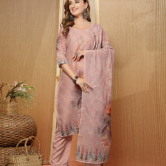 Stylum Women's Pink Floral Printed Chanderi Silk Straight Kurta Pant Dupatta Set (KPDPINKTORIL)