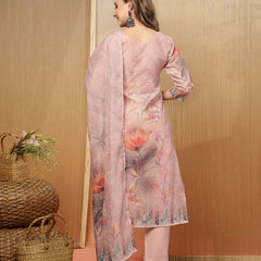Stylum Women's Pink Floral Printed Chanderi Silk Straight Kurta Pant Dupatta Set (KPDPINKTORIL)