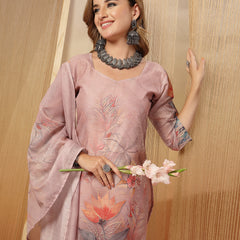 Stylum Women's Pink Floral Printed Chanderi Silk Straight Kurta Pant Dupatta Set (KPDPINKTORIL)