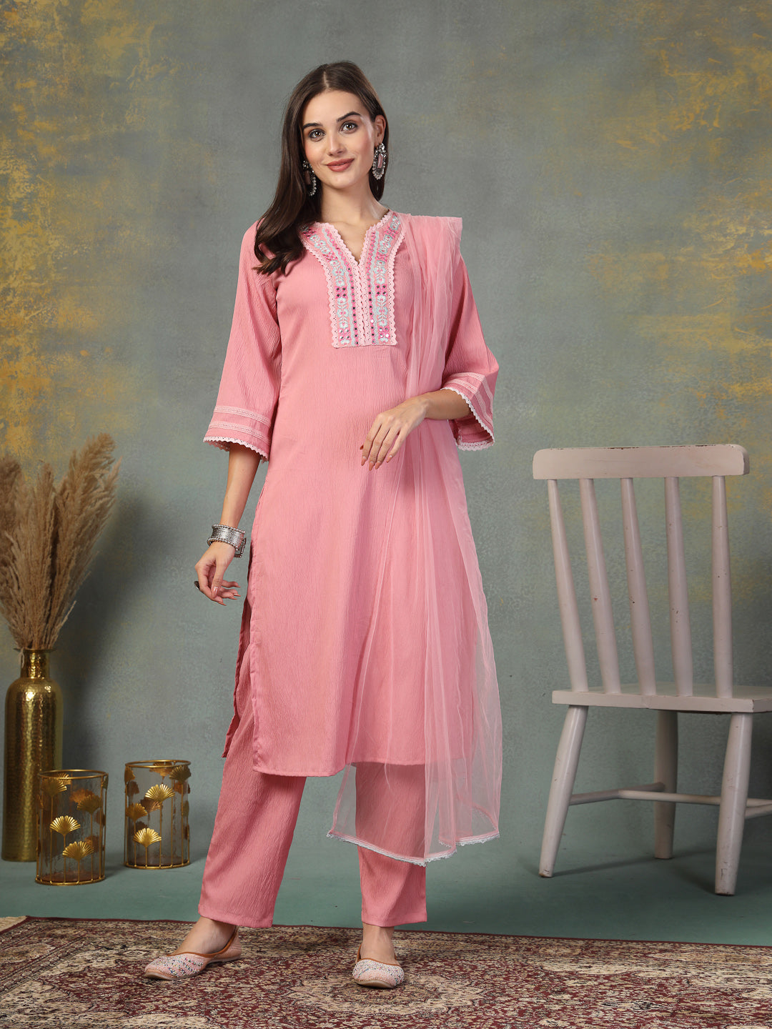 Stylum Women's Pink Solid & Embroidered Italian Crush Straight Kurta Pant Dupatta Set (KPDPINKVOOMA)