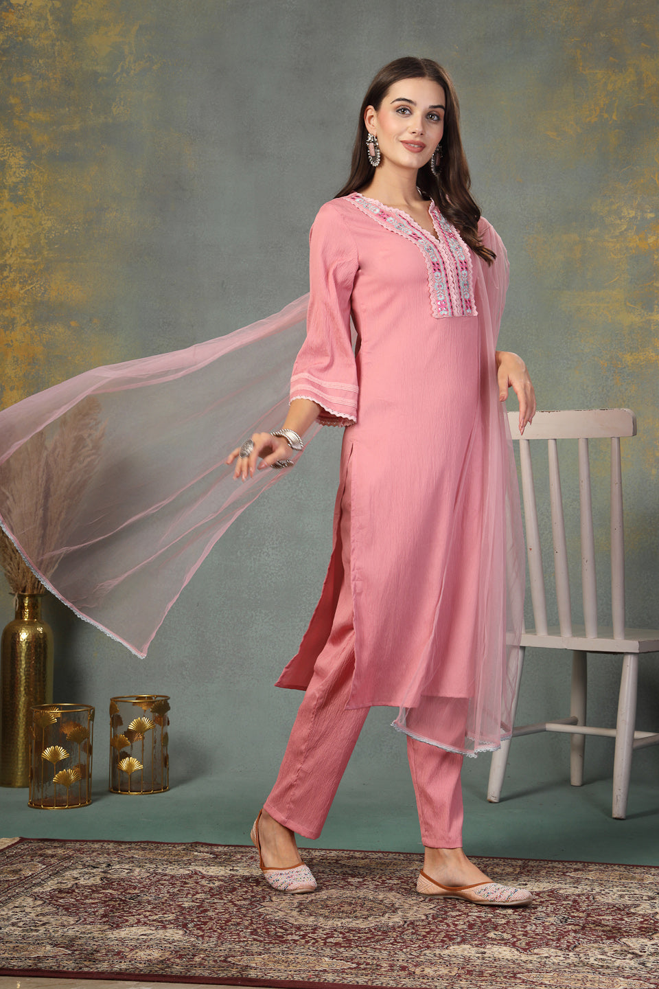 Stylum Women's Pink Solid & Embroidered Italian Crush Straight Kurta Pant Dupatta Set (KPDPINKVOOMA)