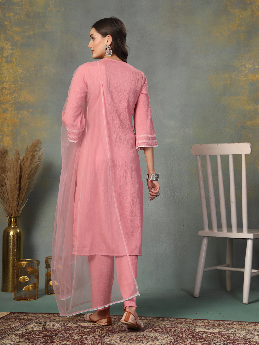 Stylum Women's Pink Solid & Embroidered Italian Crush Straight Kurta Pant Dupatta Set (KPDPINKVOOMA)