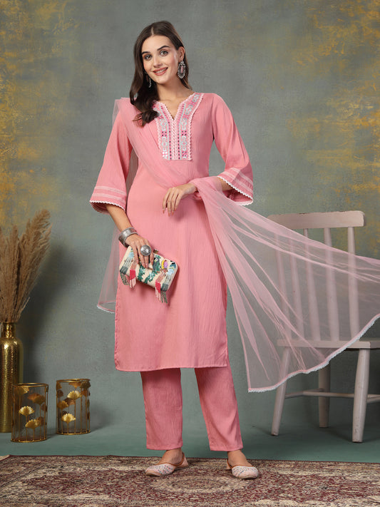 Stylum Women's Pink Solid & Embroidered Italian Crush Straight Kurta Pant Dupatta Set (KPDPINKVOOMA)