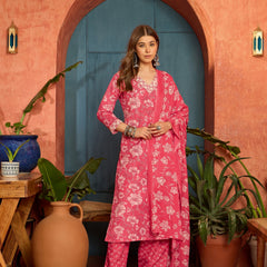 Stylum Women's Pink Floral Printed Cotton Straight Kurta Pant Dupatta Set (KPDPINKWOLT)