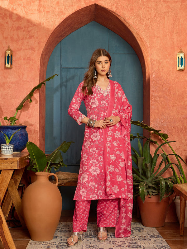 Stylum Women's Pink Floral Printed Cotton Straight Kurta Pant Dupatta Set (KPDPINKWOLT)