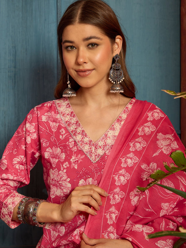 Stylum Women's Pink Floral Printed Cotton Straight Kurta Pant Dupatta Set (KPDPINKWOLT)