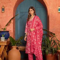 Stylum Women's Pink Floral Printed Cotton Straight Kurta Pant Dupatta Set (KPDPINKWOLT)