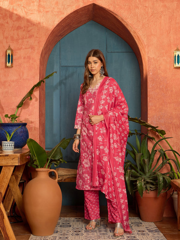 Stylum Women's Pink Floral Printed Cotton Straight Kurta Pant Dupatta Set (KPDPINKWOLT)
