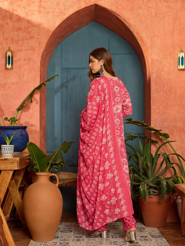 Stylum Women's Pink Floral Printed Cotton Straight Kurta Pant Dupatta Set (KPDPINKWOLT)
