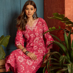 Stylum Women's Pink Floral Printed Cotton Straight Kurta Pant Dupatta Set (KPDPINKWOLT)