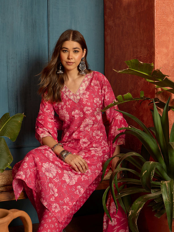 Stylum Women's Pink Floral Printed Cotton Straight Kurta Pant Dupatta Set (KPDPINKWOLT)