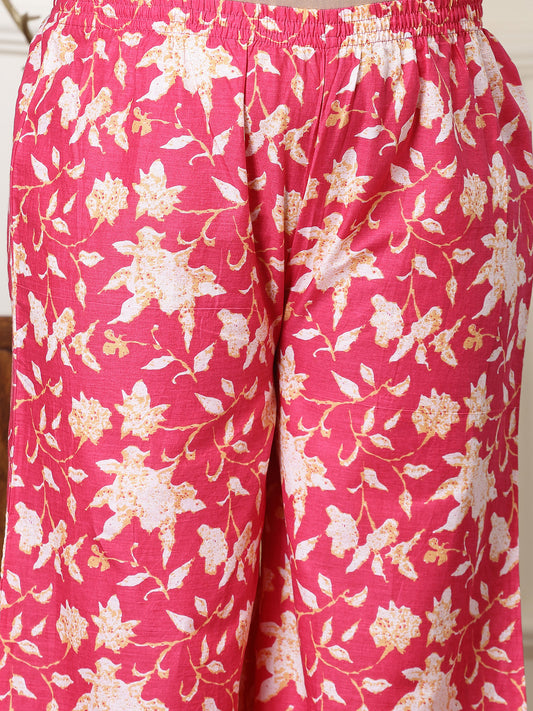 Plus Size Women's Floral Printed Cotton Pleated Kurta Palazzo Dupatta Set (KPDPINKZAYLAPLUS)