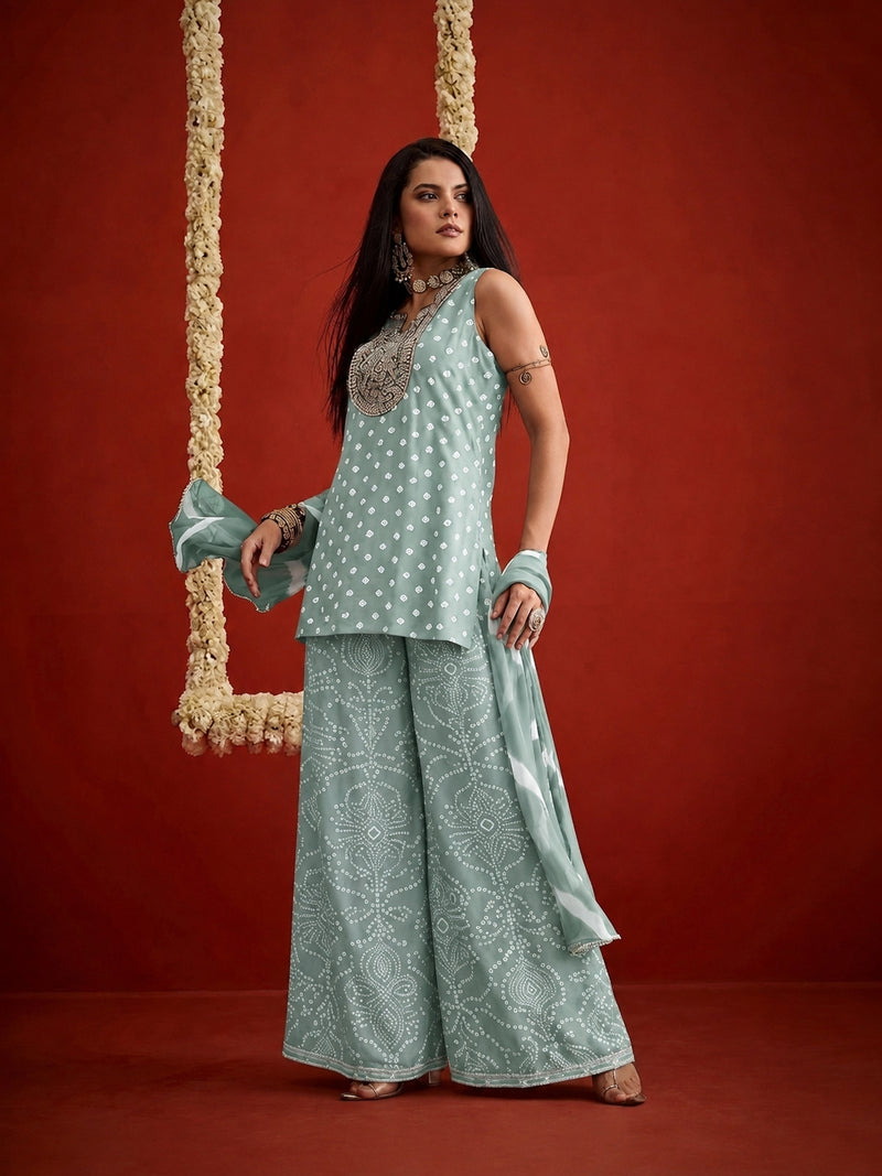 Stylum Women's Pista Bandhej Printed & Embroidered Rayon Straight Short Kurti Palazzo Dupatta Set (KPDPISTAGOKU)