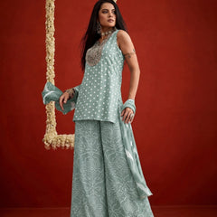 Stylum Women's Pista Bandhej Printed & Embroidered Rayon Straight Short Kurti Palazzo Dupatta Set (KPDPISTAGOKU)