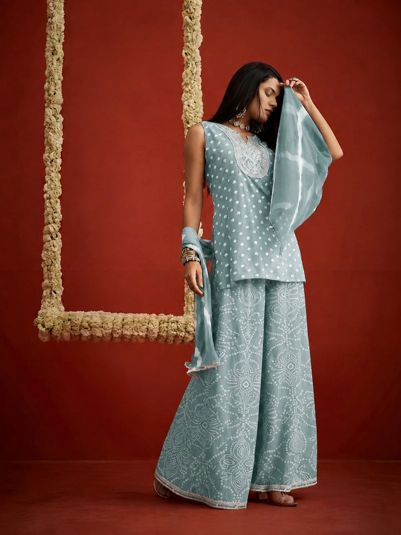 Stylum Women's Pista Bandhej Printed & Embroidered Rayon Straight Short Kurti Palazzo Dupatta Set (KPDPISTAGOKU)