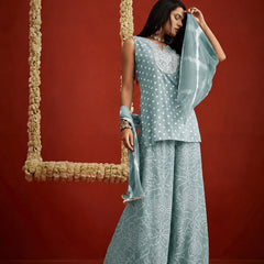 Stylum Women's Pista Bandhej Printed & Embroidered Rayon Straight Short Kurti Palazzo Dupatta Set (KPDPISTAGOKU)